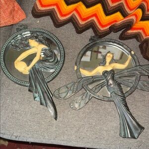 Vintage Art Deco Design Toscano Lady of the Lake & Dragonfly Mirrors Set
